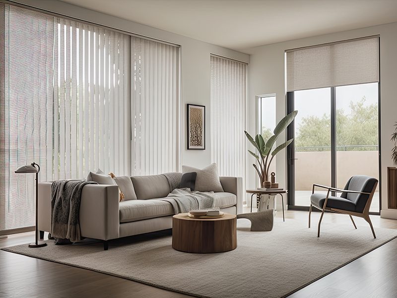 a sitting room with automated blinds, vertical shades, and roller shades to let in natural light