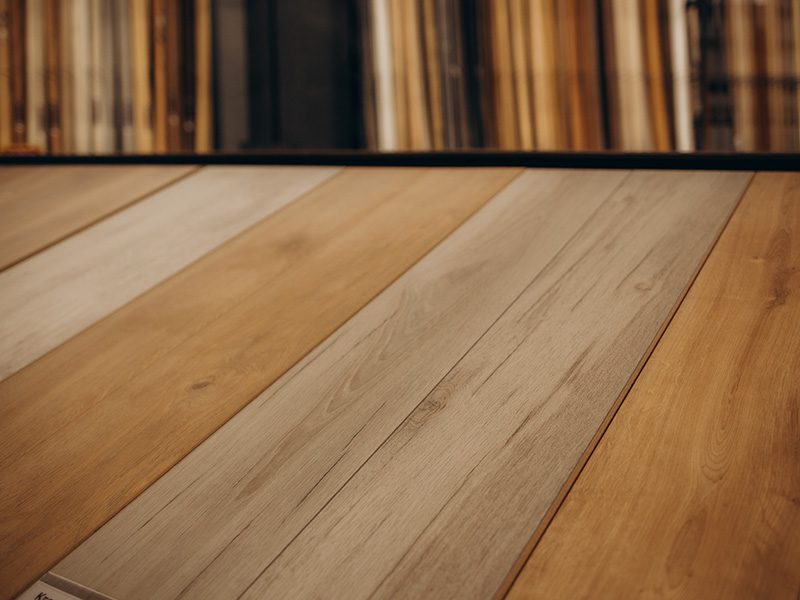 Sample parquet boards in hardware store, in home improvement warehouse exterior. High quality photo